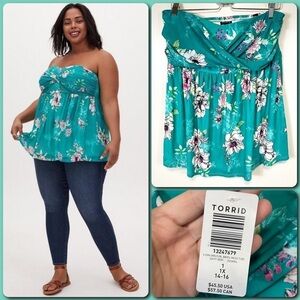 TORRID Green Floral Mesh Strapless Twisted Babydoll Tunic Top - Size 1X - NWT